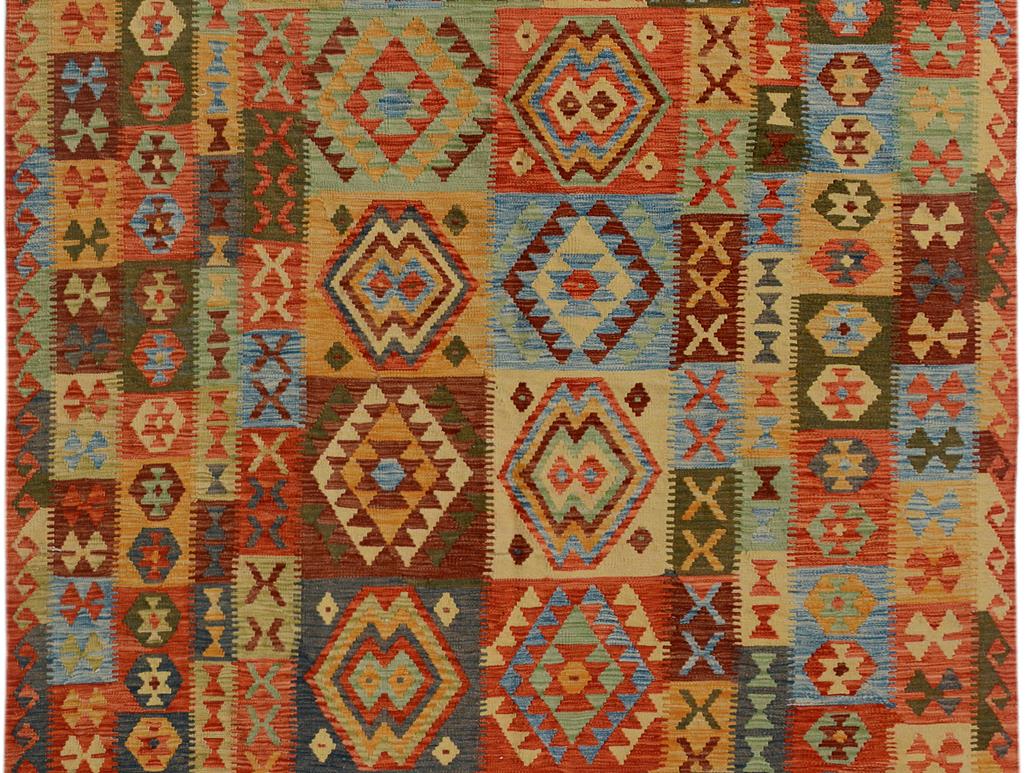 Flat Weave Kilim Antique Navaho Vintage handmade Geometric Kilim Gray Rust Hand-Woven Rectangle 100% Wool Area Rug 7x10 