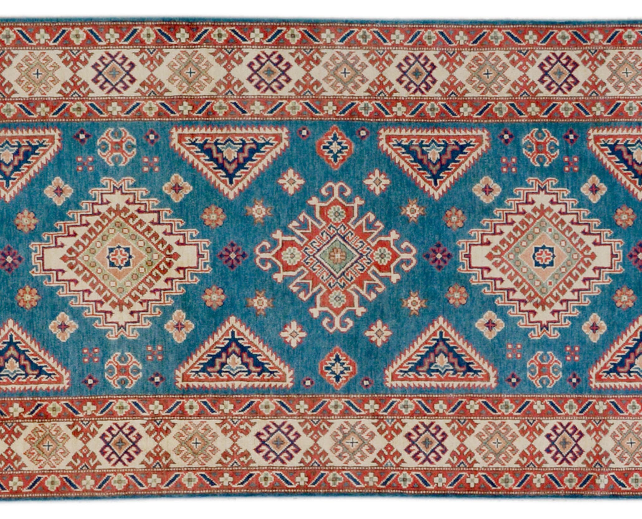 handmade Geometric Kazak Blue Ivory Hand Knotted RUNNER 100% WOOL area rug 4x15