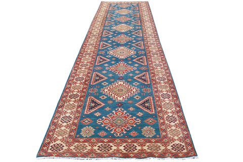 handmade Geometric Kazak Blue Ivory Hand Knotted RUNNER 100% WOOL area rug 4x15