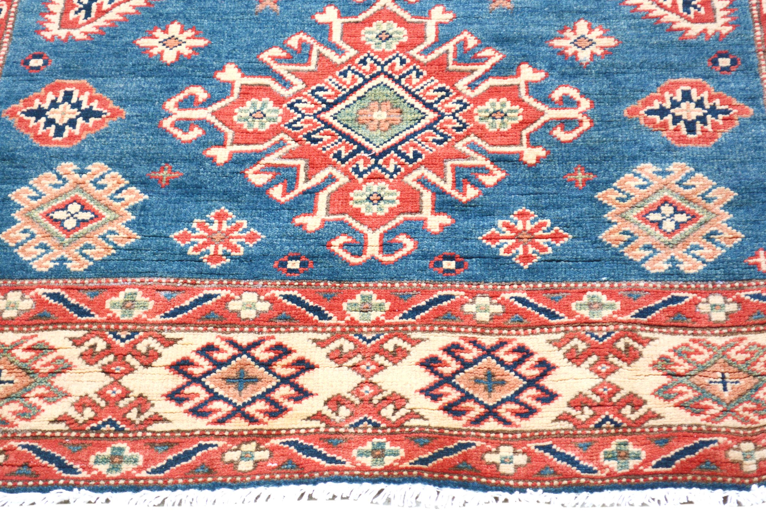 handmade Geometric Kazak Blue Ivory Hand Knotted RUNNER 100% WOOL area rug 4x15