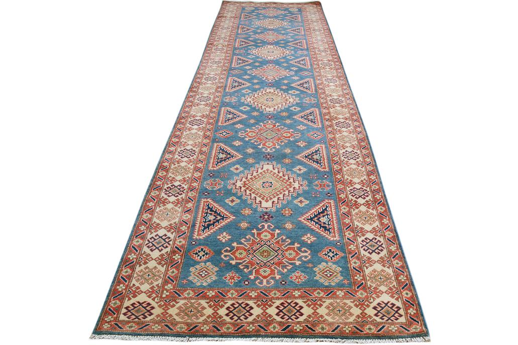 handmade Geometric Kazak Blue Ivory Hand Knotted RUNNER 100% WOOL area rug 4x15