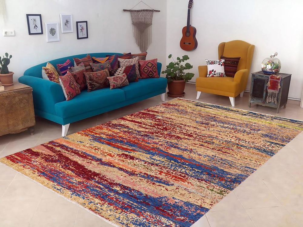 handmade Modern Modern Blue Red Hand Knotted RECTANGLE 100% WOOL area rug 8X10