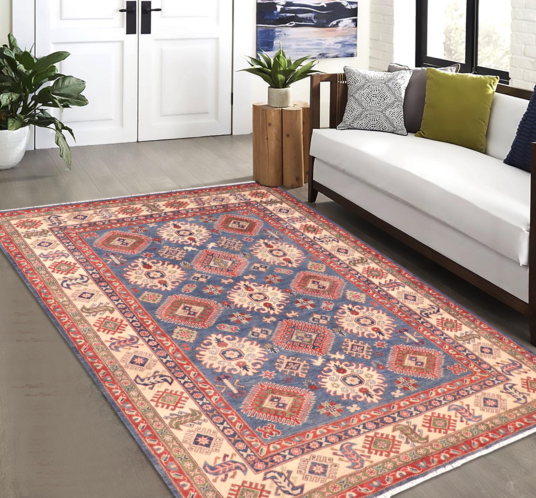 handmade Geometric Kazak Blue Ivory Hand Knotted RECTANGLE 100% WOOL area rug 6'X9'