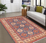 handmade Geometric Kazak Blue Ivory Hand Knotted RECTANGLE 100% WOOL area rug 6' x 9'