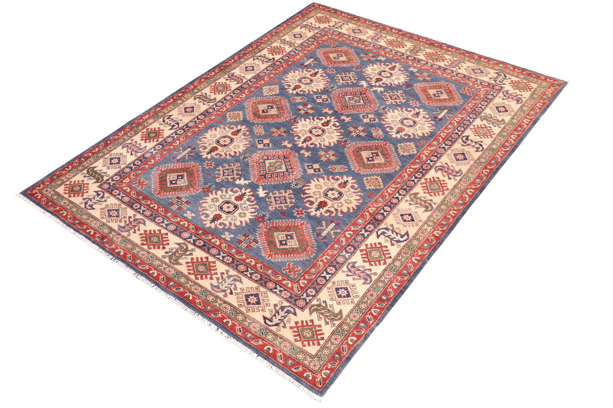 handmade Geometric Kazak Blue Ivory Hand Knotted RECTANGLE 100% WOOL area rug 6'X9'