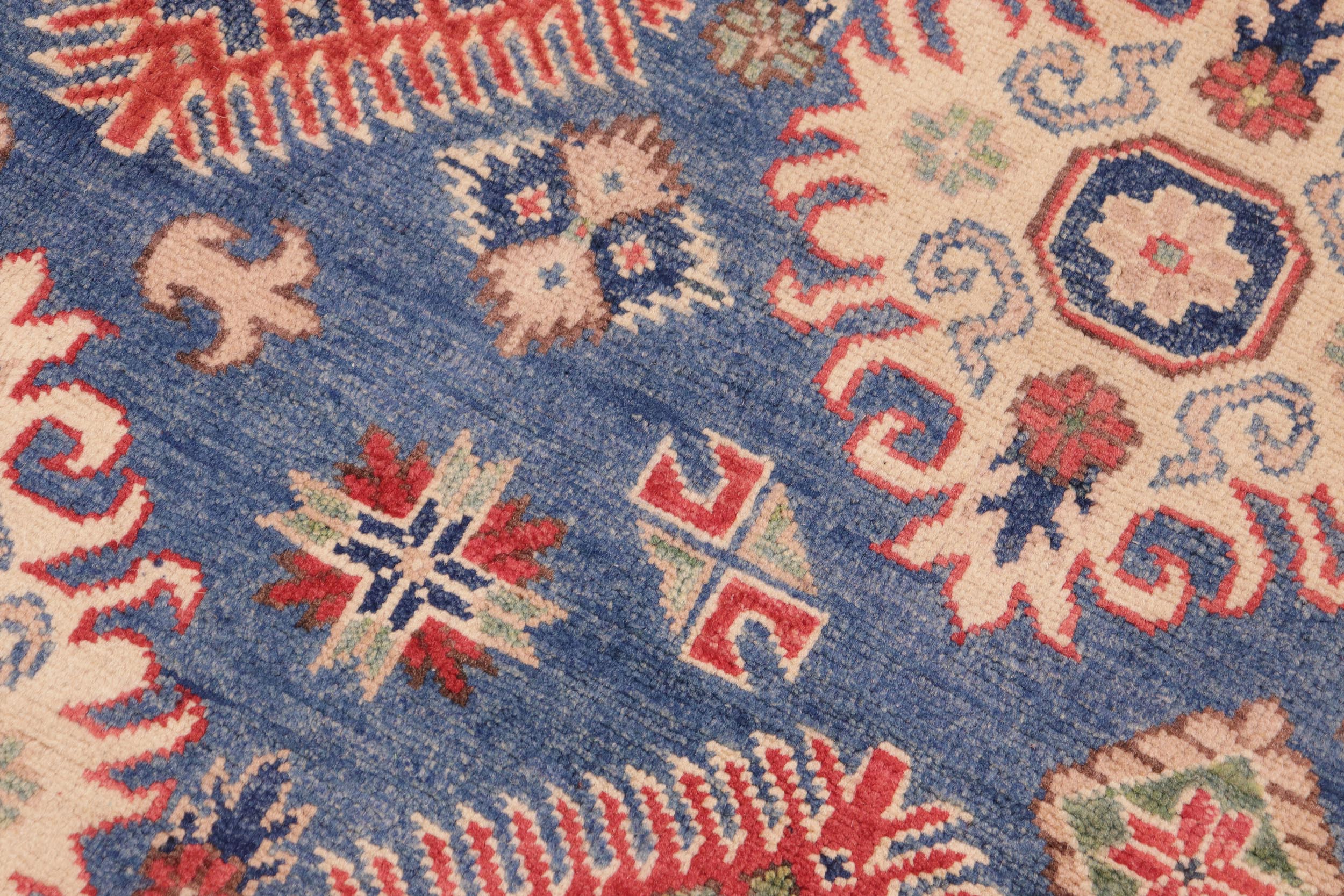 handmade Geometric Kazak Blue Ivory Hand Knotted RECTANGLE 100% WOOL area rug 6'X9'