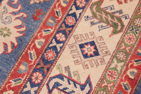 handmade Geometric Kazak Blue Ivory Hand Knotted RECTANGLE 100% WOOL area rug 6'X9'