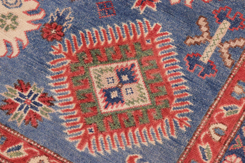 handmade Geometric Kazak Blue Ivory Hand Knotted RECTANGLE 100% WOOL area rug 6'X9'