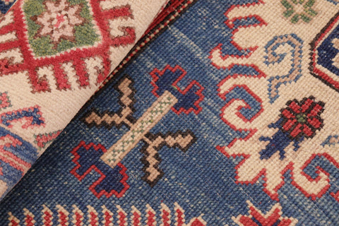 handmade Geometric Kazak Blue Ivory Hand Knotted RECTANGLE 100% WOOL area rug 6'X9'