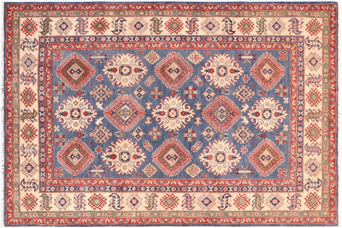 handmade Geometric Kazak Blue Ivory Hand Knotted RECTANGLE 100% WOOL area rug 6'X9'