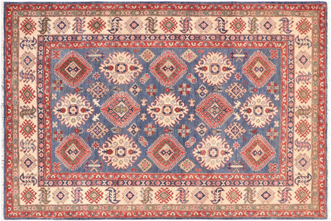 handmade Geometric Kazak Blue Ivory Hand Knotted RECTANGLE 100% WOOL area rug 6'X9'