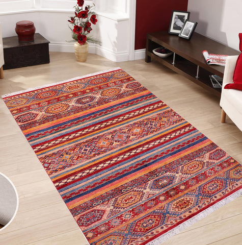handmade Geometric Kurjean Red Blue Hand Knotted RECTANGLE 100% WOOL area rug 6x8