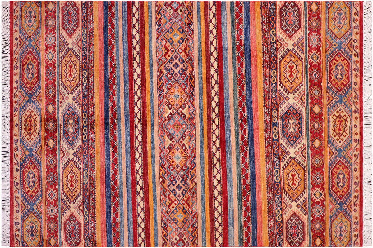 handmade Geometric Kurjean Red Blue Hand Knotted RECTANGLE 100% WOOL area rug 6x8