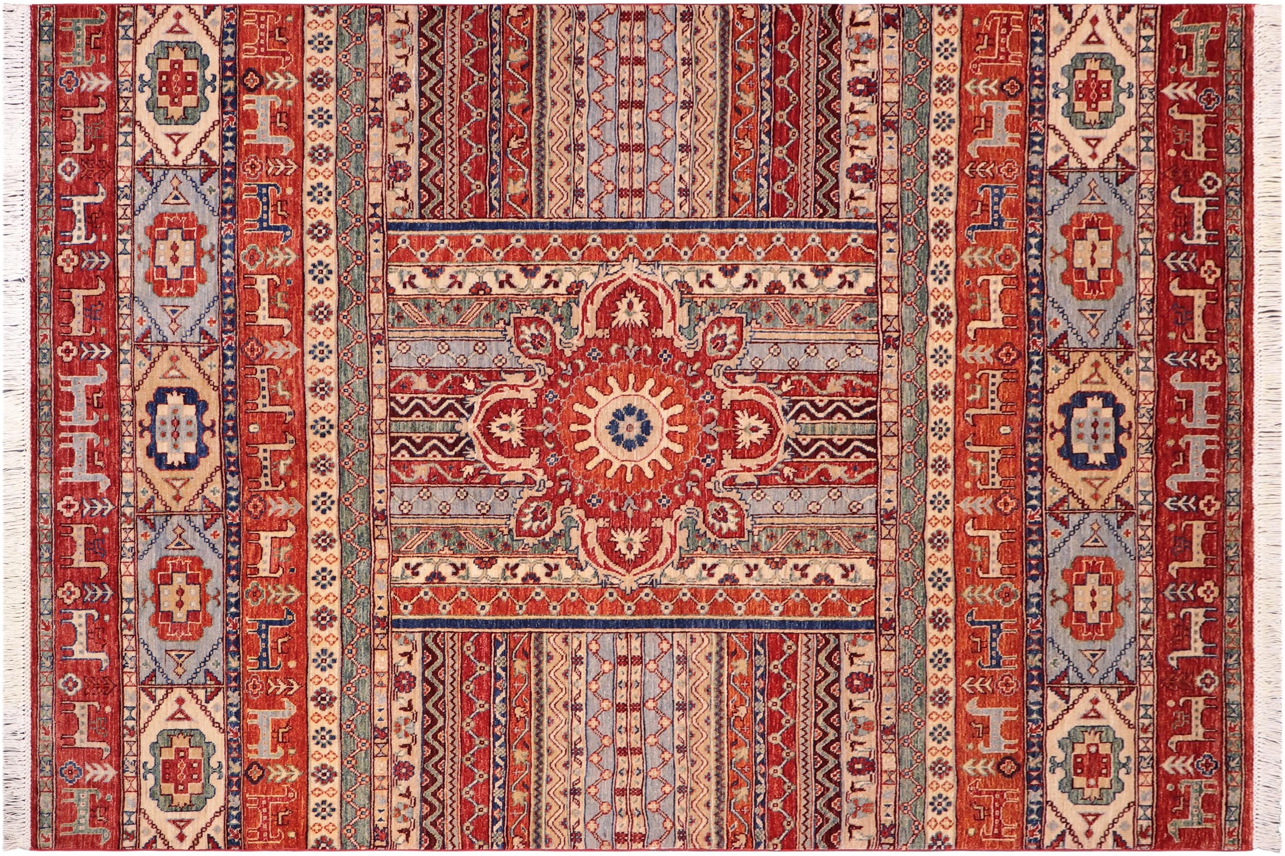 handmade Geometric Kurjean Rust Blue Hand Knotted RECTANGLE 100% WOOL area rug 6x8