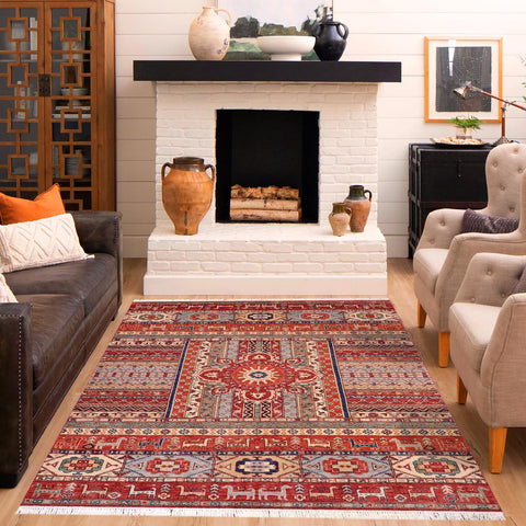handmade Geometric Kurjean Rust Blue Hand Knotted RECTANGLE 100% WOOL area rug 6x8