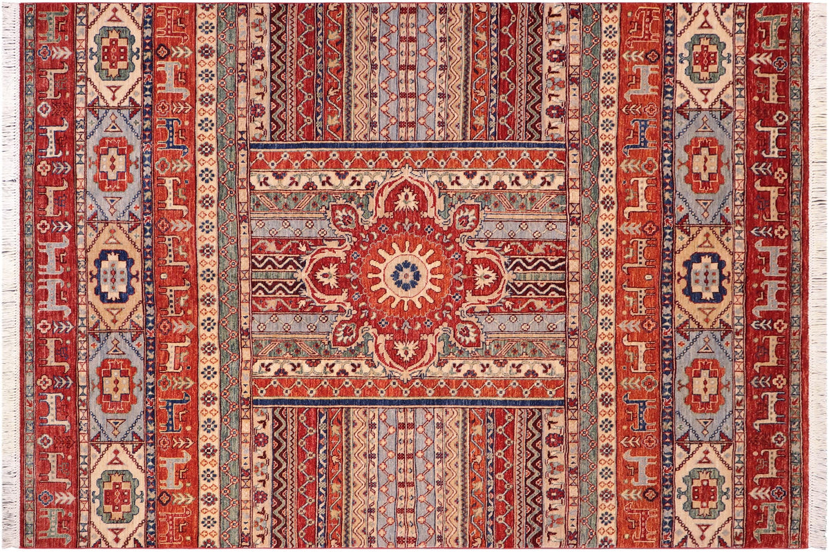 handmade Geometric Kurjean Rust Blue Hand Knotted RECTANGLE 100% WOOL area rug 6x8