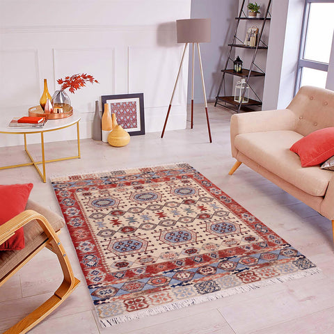 handmade Geometric Kurjean Ivory Red Hand Knotted RECTANGLE 100% WOOL area rug 5x7
