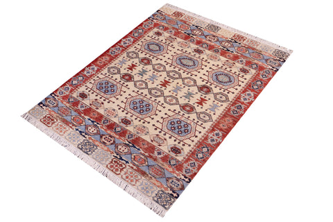 handmade Geometric Kurjean Ivory Red Hand Knotted RECTANGLE 100% WOOL area rug 5x7