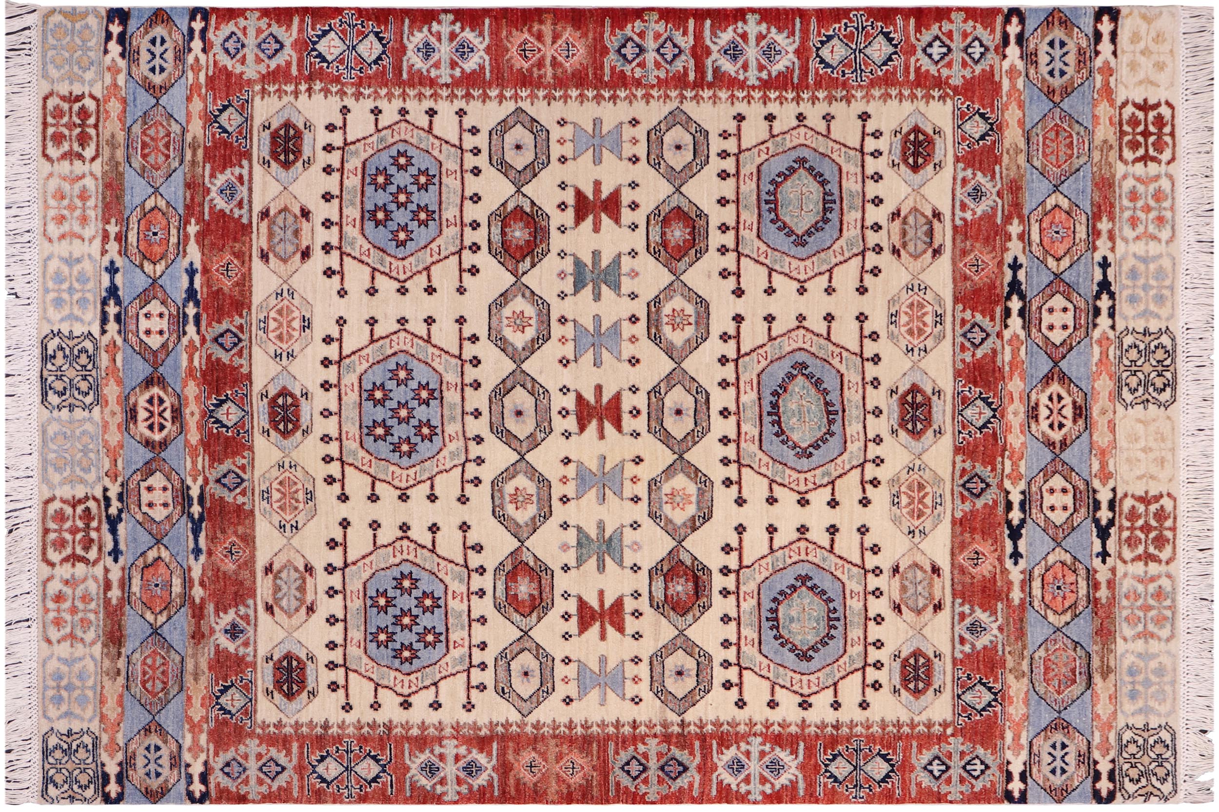 handmade Geometric Kurjean Ivory Red Hand Knotted RECTANGLE 100% WOOL area rug 5x7