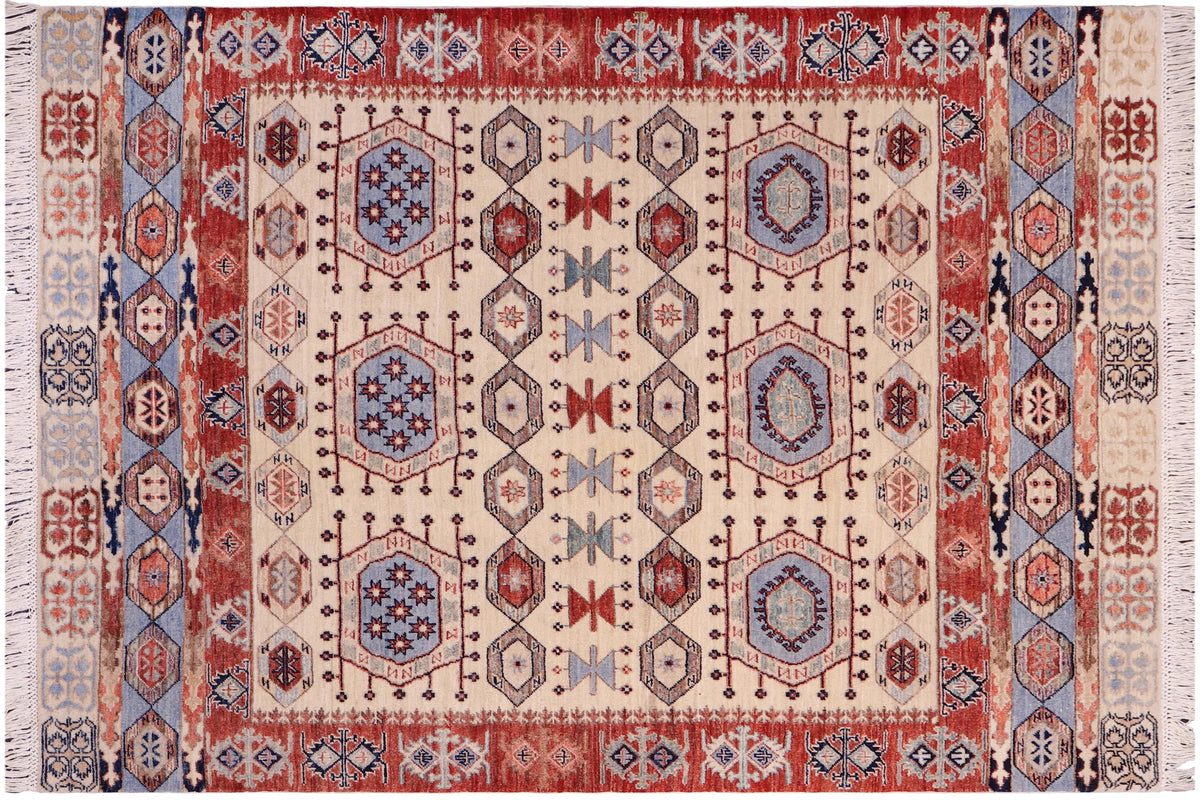 handmade Geometric Kurjean Ivory Red Hand Knotted RECTANGLE 100% WOOL area rug 5x7