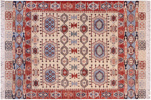 handmade Geometric Kurjean Ivory Red Hand Knotted RECTANGLE 100% WOOL area rug 5x7