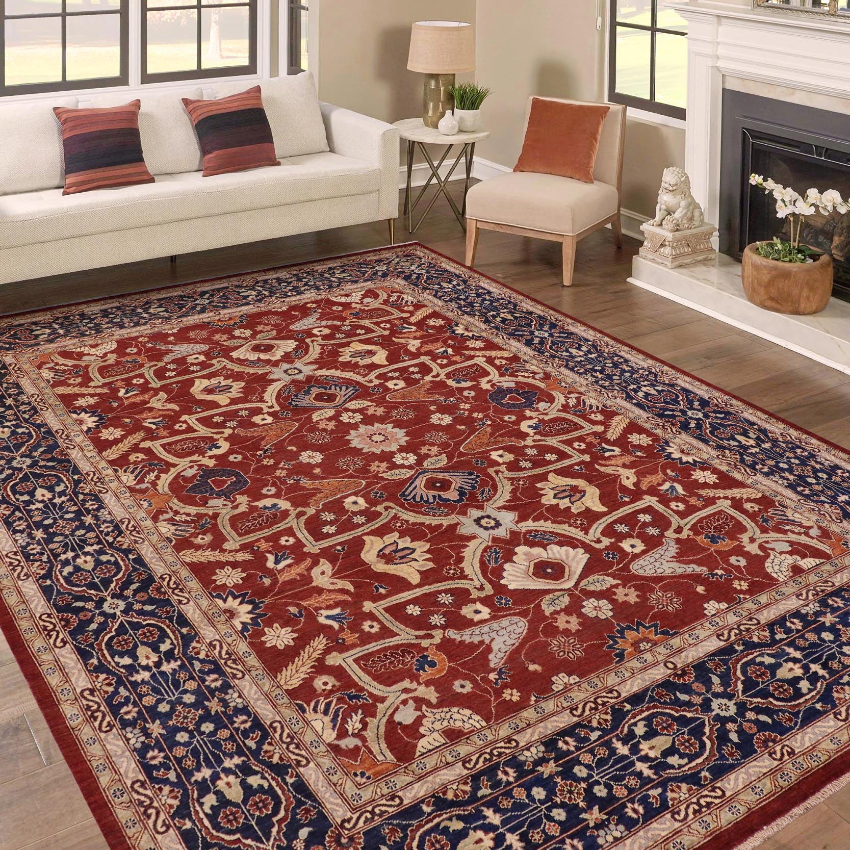 handmade Traditional Kafkaz Rust Blue Hand Knotted RECTANGLE 100% WOOL area rug 9' x 12'