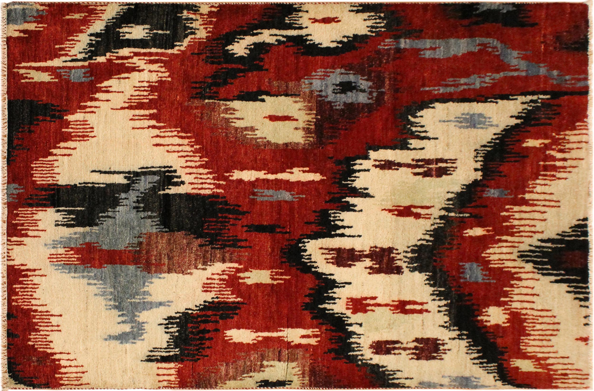handmade Modern Ikat Red Ivory Hand Knotted RECTANGLE 100% WOOL area rug 4' x 6'