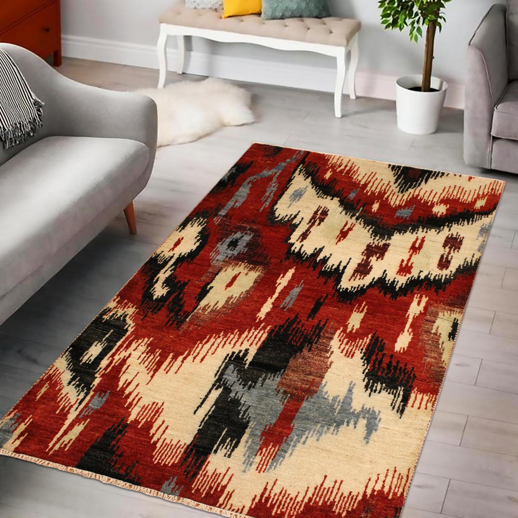 handmade Modern Ikat Red Ivory Hand Knotted RECTANGLE 100% WOOL area rug 4' x 6'