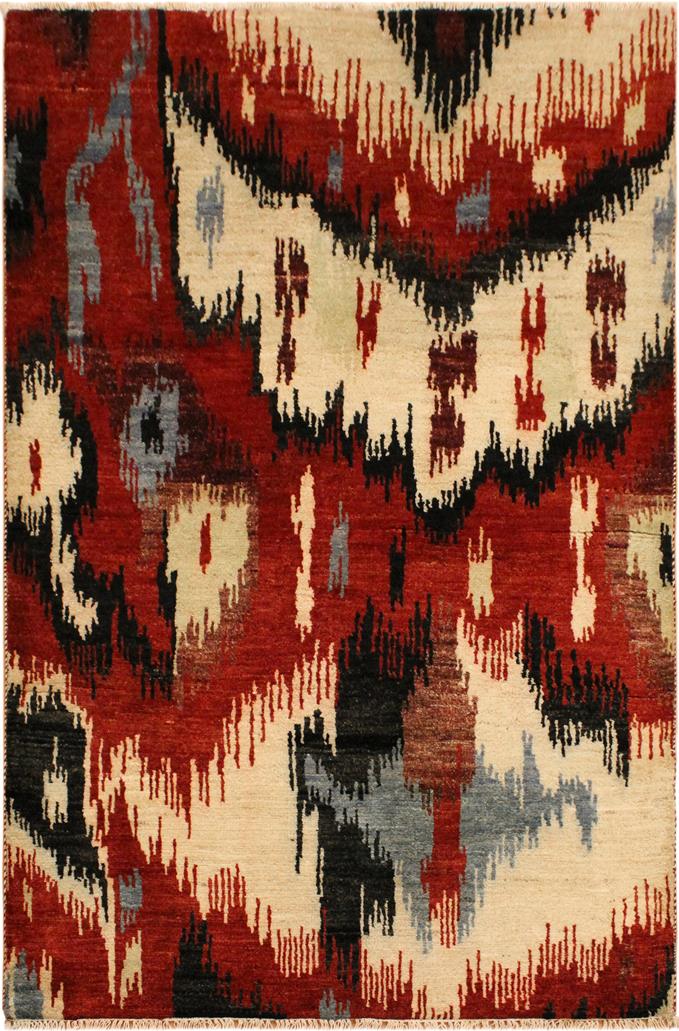 handmade Modern Ikat Red Ivory Hand Knotted RECTANGLE 100% WOOL area rug 4X6