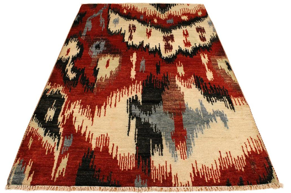 handmade Modern Ikat Red Ivory Hand Knotted RECTANGLE 100% WOOL area rug 4X6