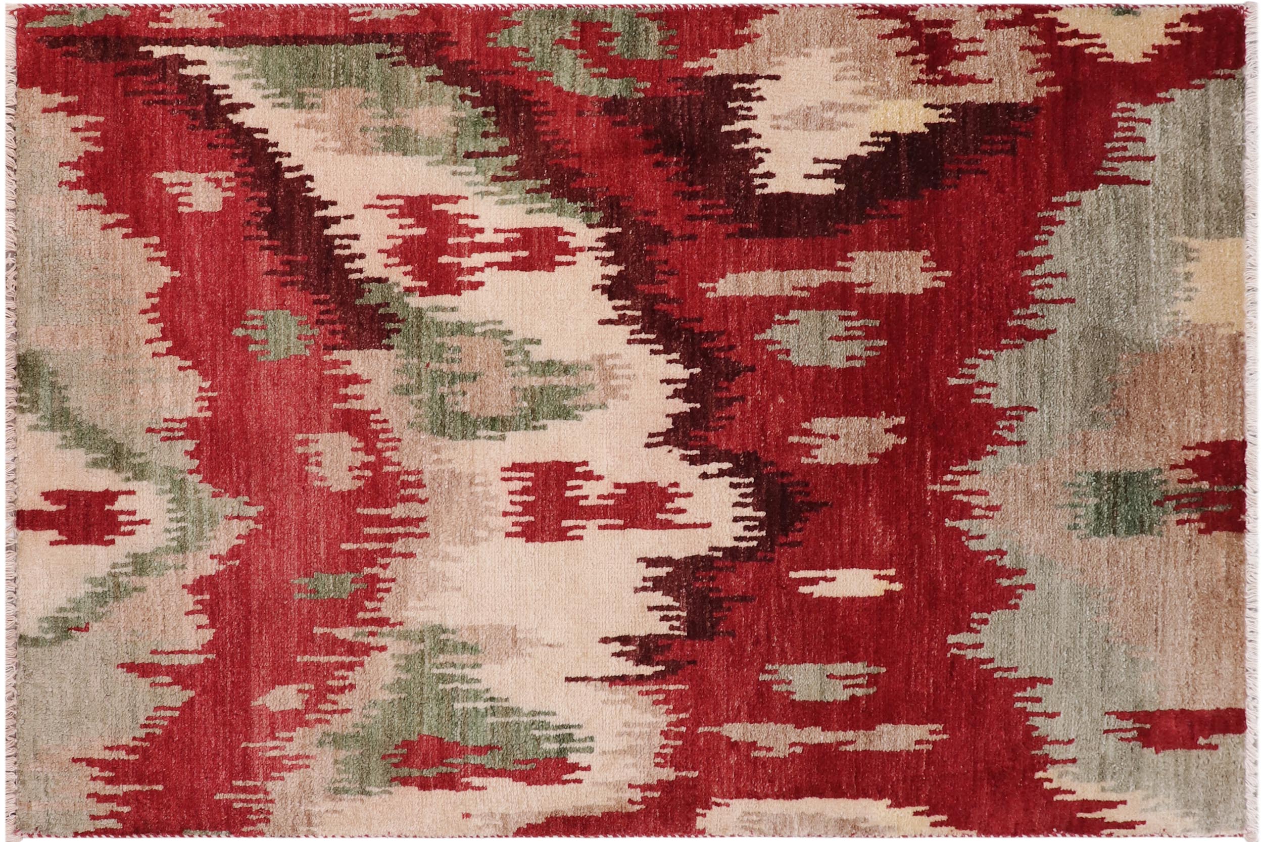 handmade Modern Ikat Red Brown Hand Knotted RECTANGLE 100% WOOL area rug 3' x 4'
