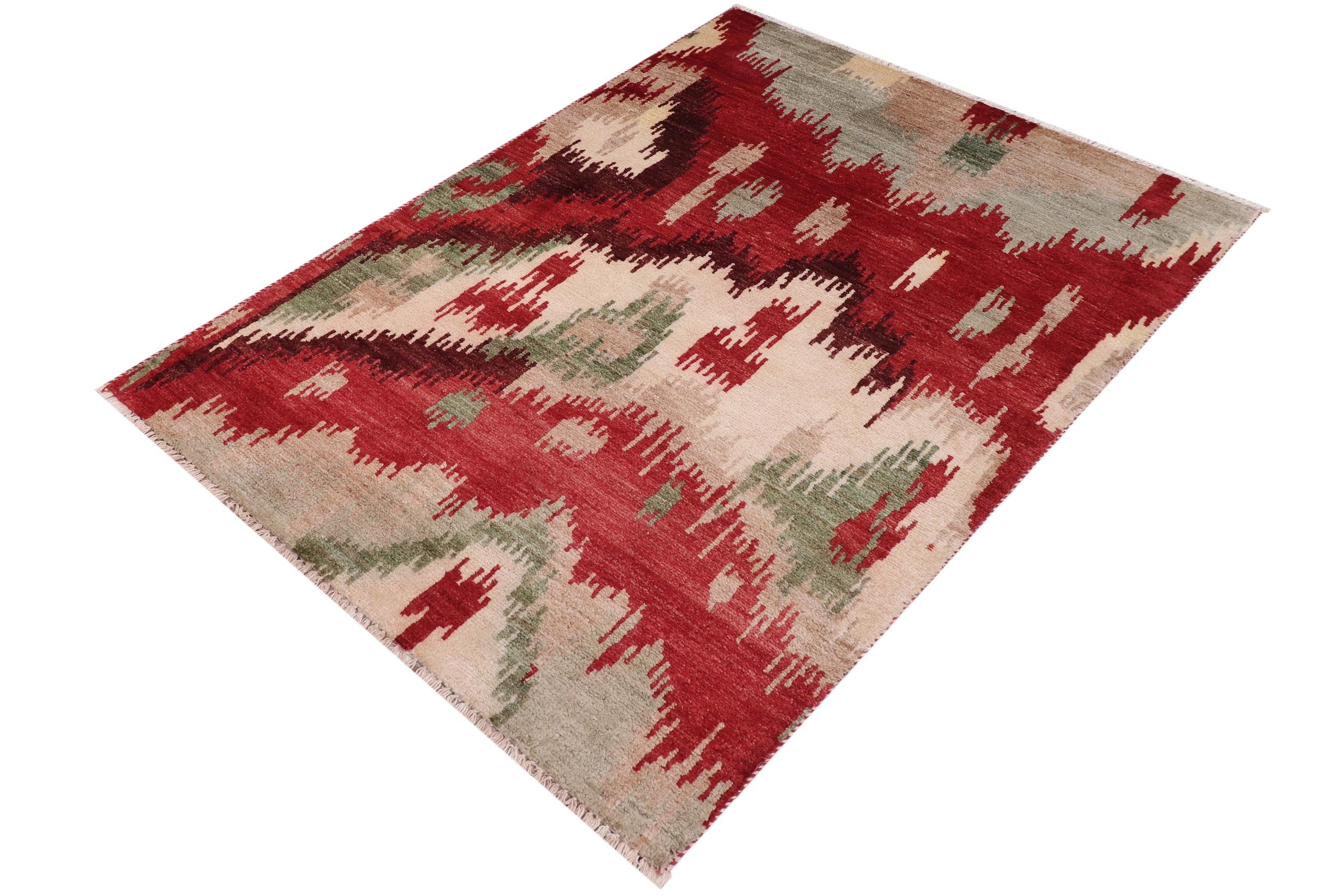 handmade Modern Ikat Red Brown Hand Knotted RECTANGLE 100% WOOL area rug 3' x 4'