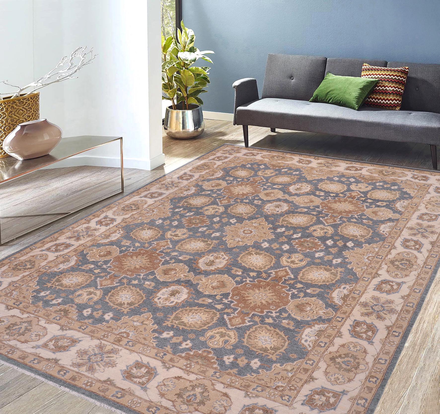 handmade Traditional Kafkaz Bluish Gray Beige Hand Knotted RECTANGLE 100% WOOL area rug 9' x 12'