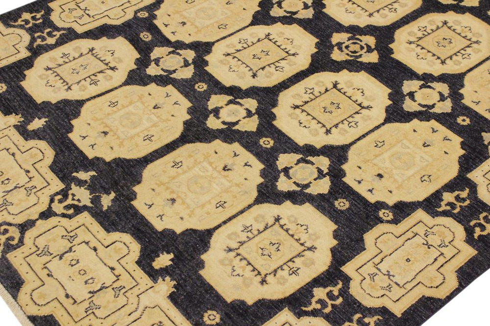 handmade Transitional Kafkaz Blue Tan Hand Knotted RECTANGLE 100% WOOL area rug 5X8