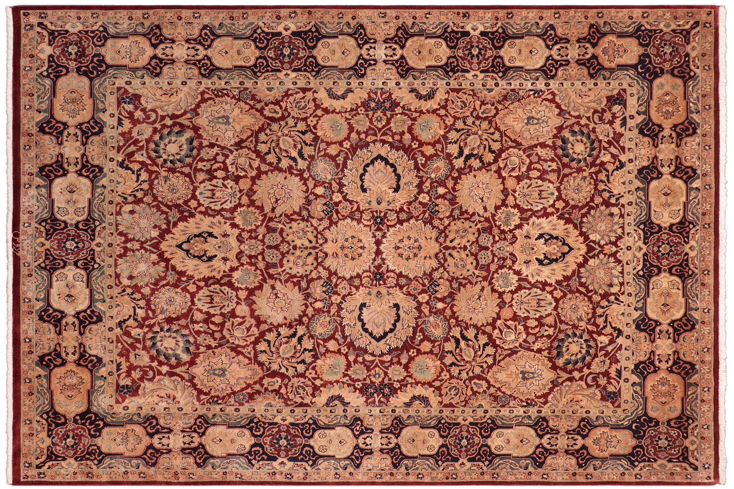 handmade Traditional Lahore Maroon Blue Hand Knotted RECTANGLE 100% WOOL area rug 8 x 10