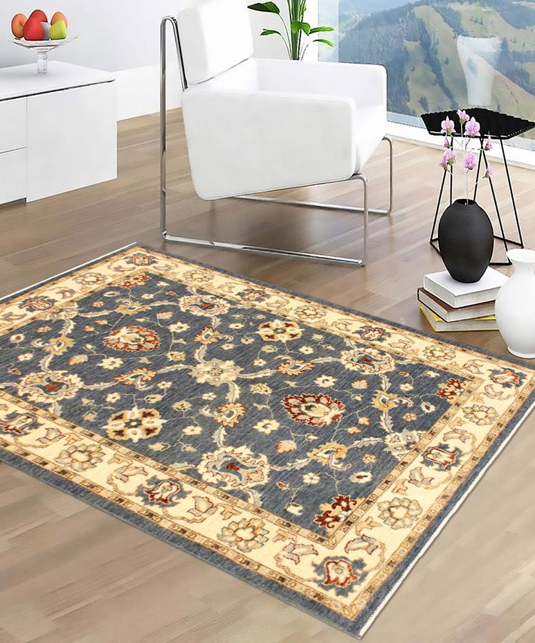 handmade Transitional Kafkaz Blue Ivory Hand Knotted RECTANGLE 100% WOOL area rug 4X6