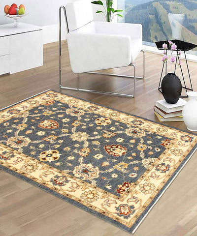 handmade Transitional Kafkaz Blue Ivory Hand Knotted RECTANGLE 100% WOOL area rug 4X6