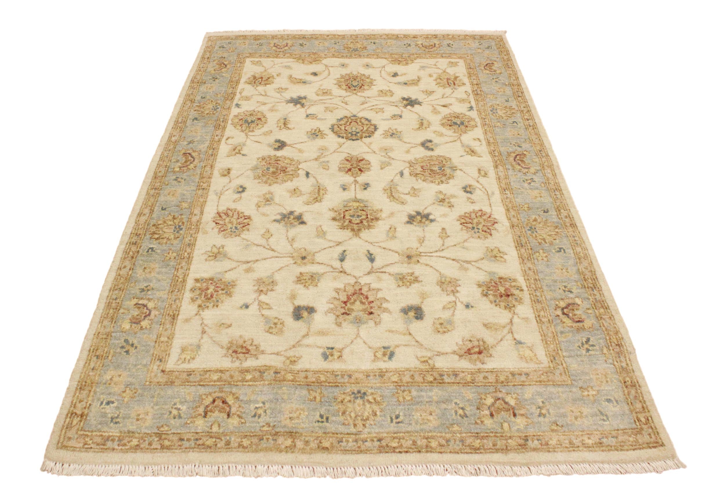 handmade Traditional Kafkaz Ivory Blue Hand Knotted RECTANGLE 100% WOOL area rug 4x6