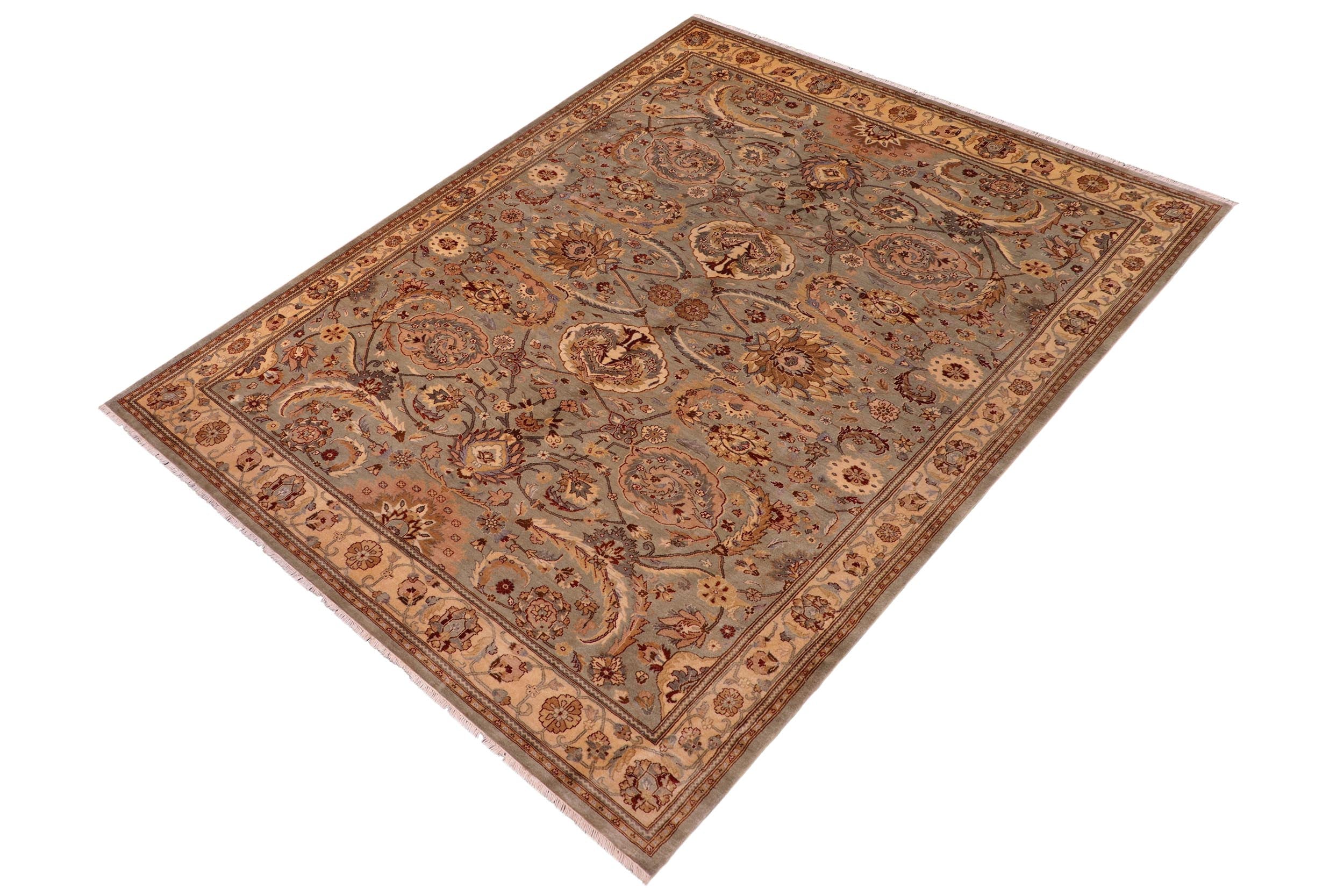 handmade Traditional Lahore Greenish Gr Gold Hand Knotted RECTANGLE 100% WOOL area rug 8' x 10'