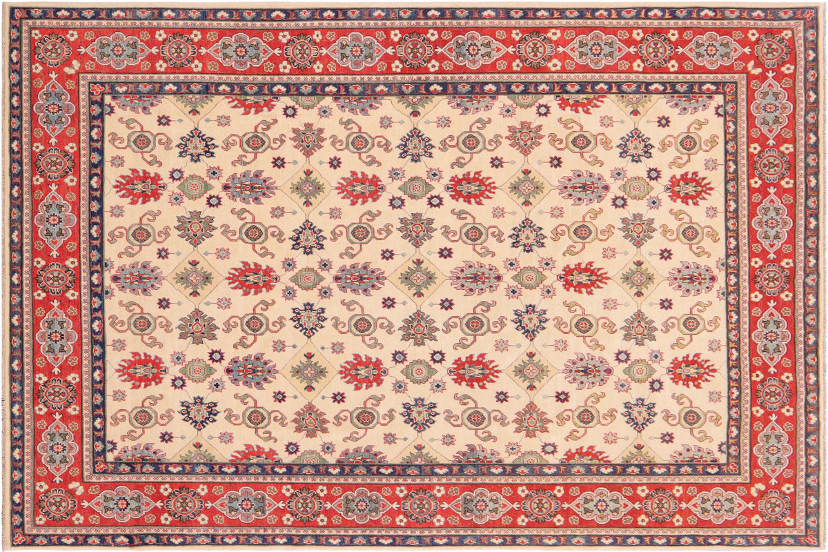 handmade Geometric Kazak Beige Red Hand Knotted RECTANGLE 100% WOOL area rug 9'X12'
