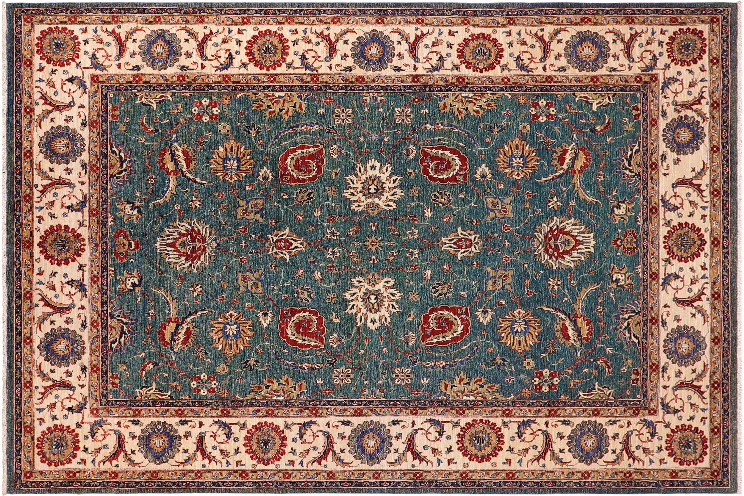 handmade Traditional Kafkaz Green Ivory Hand Knotted RECTANGLE 100% WOOL area rug 9x11