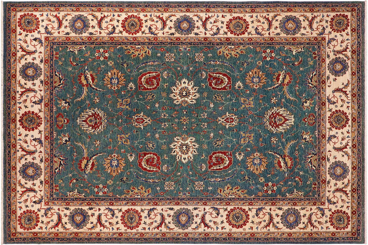 handmade Traditional Kafkaz Green Ivory Hand Knotted RECTANGLE 100% WOOL area rug 9x11