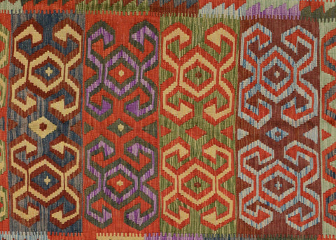 handmade Geometric Kilim Red Green Hand-Woven RECTANGLE 100% WOOL area rug 7 x 10