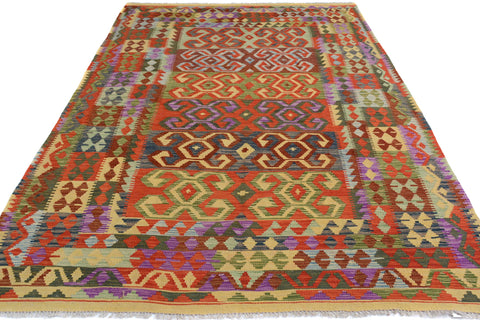 handmade Geometric Kilim Red Green Hand-Woven RECTANGLE 100% WOOL area rug 7 x 10