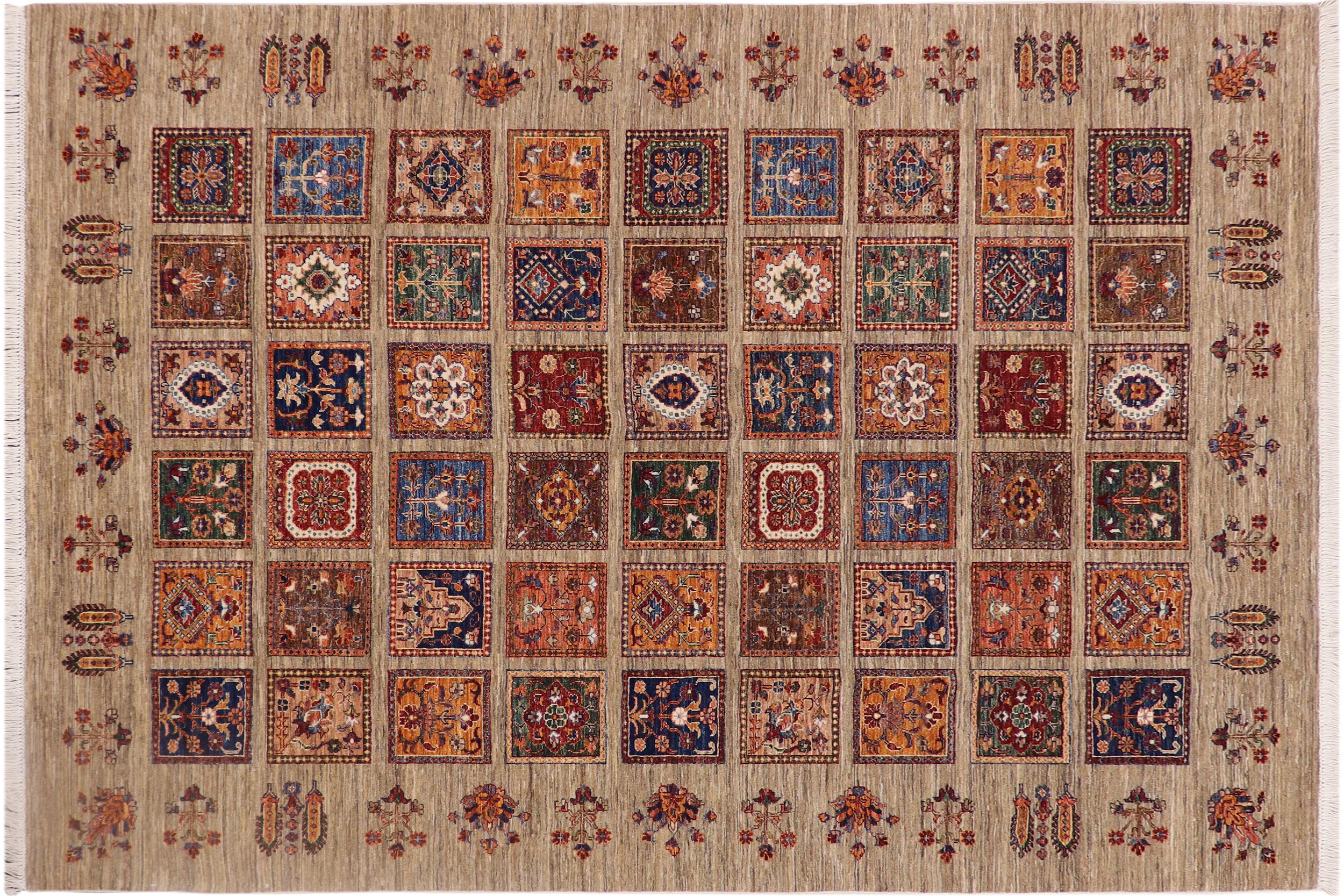 handmade Geometric Kurjean Tan Blue Hand Knotted RECTANGLE WOOL&SILK area rug 7x9