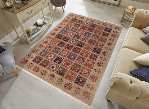 handmade Geometric Kurjean Tan Blue Hand Knotted RECTANGLE WOOL&SILK area rug 7x9