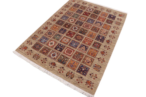 handmade Geometric Kurjean Tan Blue Hand Knotted RECTANGLE WOOL&SILK area rug 7x9