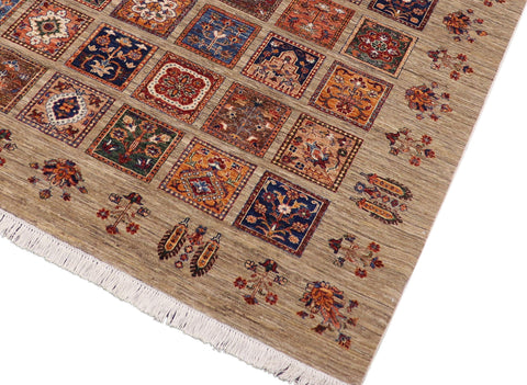 handmade Geometric Kurjean Tan Blue Hand Knotted RECTANGLE WOOL&SILK area rug 7x9