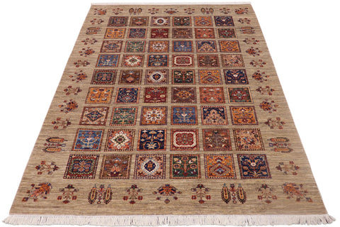 handmade Geometric Kurjean Tan Blue Hand Knotted RECTANGLE WOOL&SILK area rug 7x9