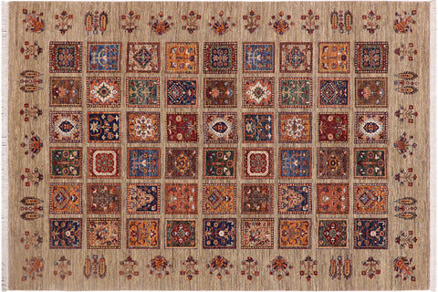 handmade Geometric Kurjean Tan Blue Hand Knotted RECTANGLE WOOL&SILK area rug 7x9